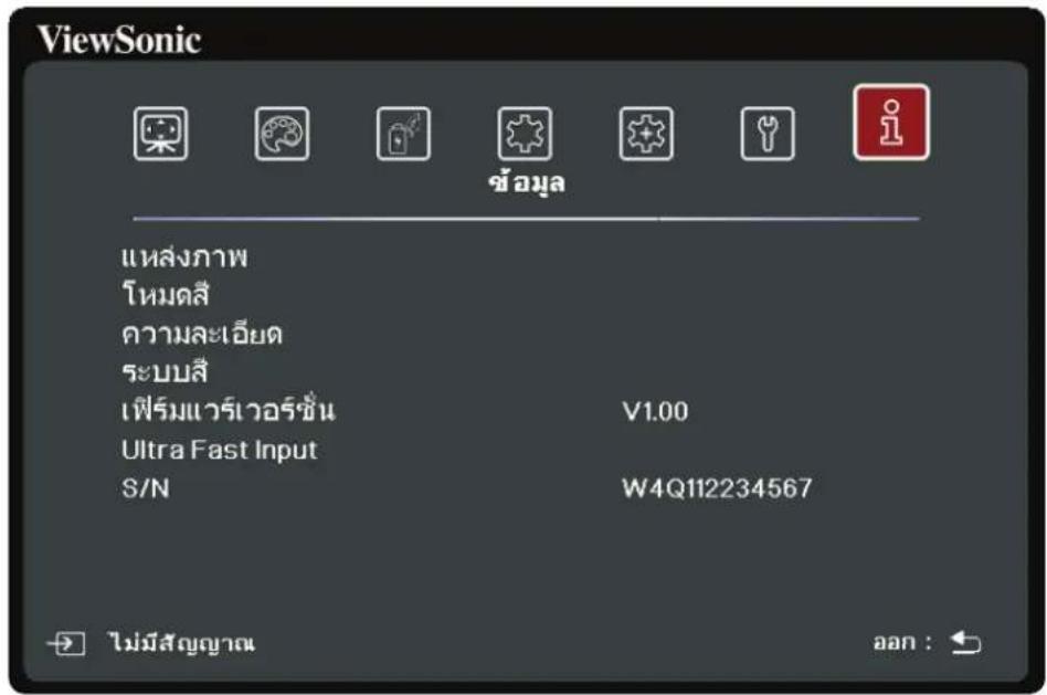 ViewSonic แหล่งภาพ โหมดลี ความละเอียด ระบบสี เปรัมแวร์เวอร์ชื่น Ultra Fast Input S/N V1.00 W4Q112234567 ไม่มีสัญญาณ ออก :