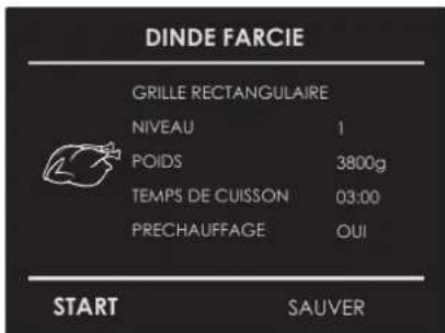 DINDE FARCIE GRILLE RECTANGULAIRE NIVEAU 1 POIDS 3800g TEMPS DE CUISSON 03:00 PRECHAUFFAGE OUI START SAUVER