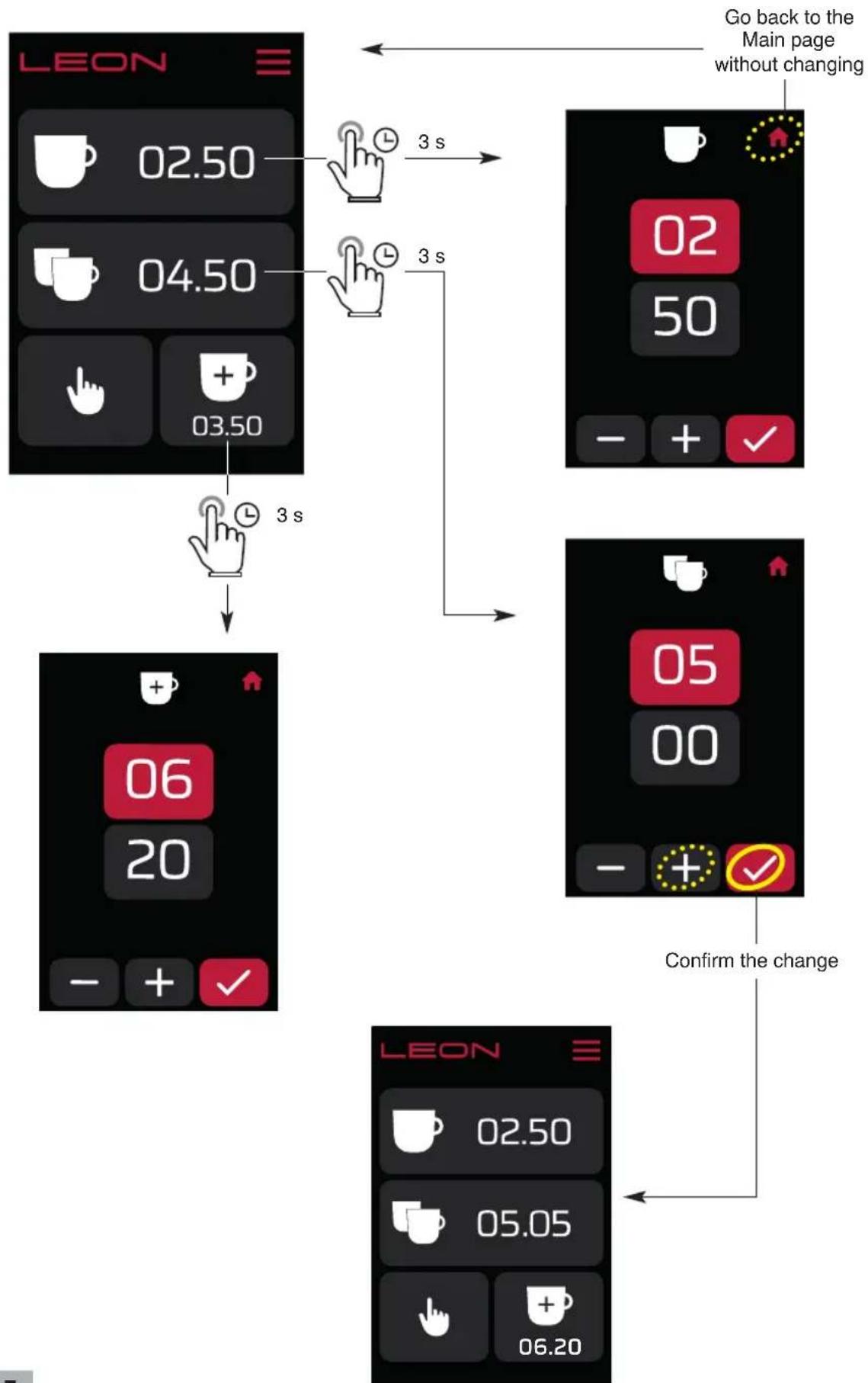 Ceado Leon RS - Changing the grinding times from page 1/3 of the menu - 1