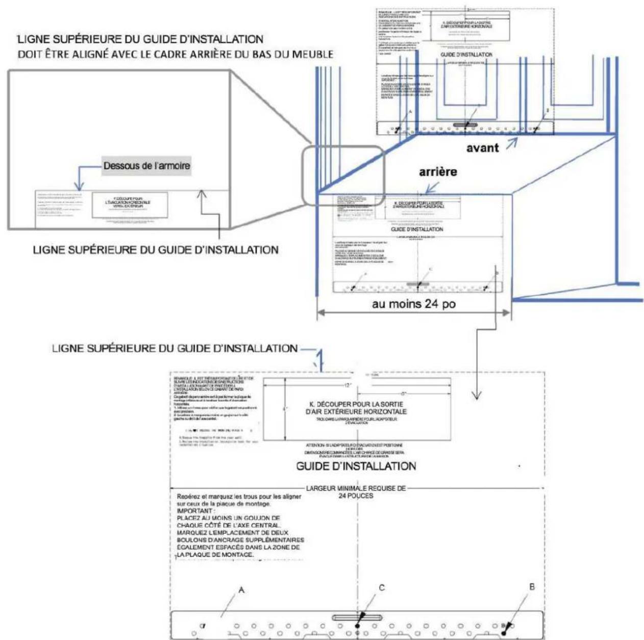 LIGNE SUPÉRIEURE DU GUIDE D'INSTALLATION DOIT ÊTRE ALIGNÉ AVEC LE CADRE ARRIÈRE DU BAS DU MEUBLE L'AGOUPEUR L'ASSOCIATION/CONNÉE VINC-CATRIEUR Dessous de l'armoire LIGNE SUPÉRIEURE DU GUIDE D'INSTALLATION L'AGOUPEUR L'ASSOCIATION/CONNÉE VINC-CATRIEUR K. DÉCOUPER POUR LA SORTIE L'ARTATINIERE KONIONALE GUIDE D'INSTALLATION au moins 24 po L'AGOUPEUR L'ASSOCIATION/CONNÉE VINC-CATRIEUR K. DÉCOUPER POUR LA SORTIE L'ARTATINIERE KONIONALE GUIDE D'INSTALLATION K. DÉCOUPER POUR LA SORTIE L'ARTATINIERE KONIONALE ATTENTION S'ADIMPRIEUR D'ACCURIONEET PORTIONE HUIERES DIMENSION/COMMINIÈRES L'AR CHARGE DE GRARSE SEIR PACUÈS DES L'ACTRUCT RIOUE LAMBOUX LARGEUR MINIMALE REQUISE DE 24 POUCES Reoérez et marquez les trous pour les aligner sur ceux de la plaque de montage. IMPORTANT : PLACEZ AU MOINS UN GOUJON DE CHAQUE CÔTÉ DE L'AXE CENTRAL MARQUEZ L'EMPLACEMENT DE DEUX BOULONS D'ANCRAGE SUPPLémentAIRES ÉGALLEMENT ESPACÉS DANS LA ZONE DE LA PLAQUE DE MONTAGE. A C B