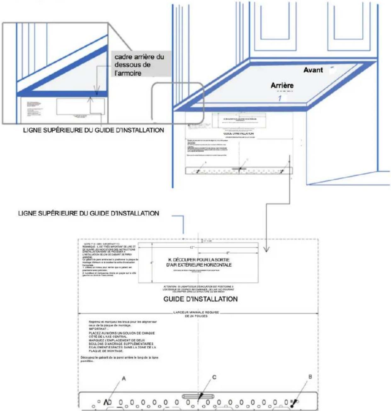cadre arrière du dessous de l'armoire Ligne SUPÉRIEURE DU GUIDE D'INSTALLATION Avant Arrière GUIDE D'INSTALLATION Ligne SUPÉRIEURE DU GUIDE D'INSTALLATION K. DÉCOUPER POUR LA SORTIE D'AIR EXTÉRIEURE HORIZONTALE GUIDE D'INSTALLATION LARGEUR MINIVALE REQUISE DE 24 POUCES Repérez et marquez les trous pour les aligner sur ceux de la paque de montage. IMPORTANT : PLACEZ AU NOINS UN GOUJON DE CHAQUE CÔTE DE L'AXE CENTRAL MARQUEZ L'EMPLACEMENT DE DEUX BOULONE D'ANCRAGE SUPPLEMENTAIRES EGALEMENT ESPACES DANS LA ZONE DE LA PLAQUE DE MONTAGE. Découvez le gaharit de la perei arrière le long de la ligne possible. A C B