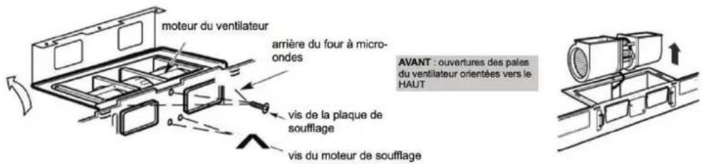 moteur du ventilateur arrière du four à micro- ondes vis de la plaque de soufflage vis du moteur de soufflage AVANT : ouvertures des pales du ventilateur orientées vers le HAUT