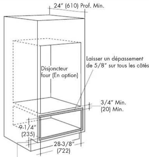 24" (610) Prof. Min. Laisser un dépassement de 5/8" sur tous les côtés Disjoncteur four (En option) 3/4" Min. (20) Min. 9-1/4" (235) 28-3/8" (722)
