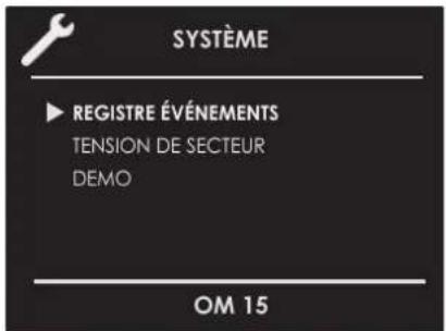 SYSTÈME ▶ REGISTRE ÉVÉNEMENTS TENSION DE SECTEUR DEMO OM 15