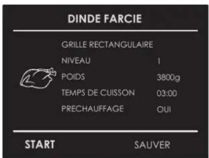 DINDE FARCIE GRILLE RECTANGULAIRE NIVEAU 1 POIDS 3800g TEMPS DE CUISSON 03:00 PRECHAUFFAGE OUI START SAUVER