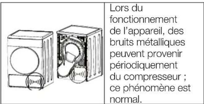 Lors du fonctionnement de l'appareil, des bruits métalliques peuvent provenir périodiquement du compresseur ; ce phénomène est normal.