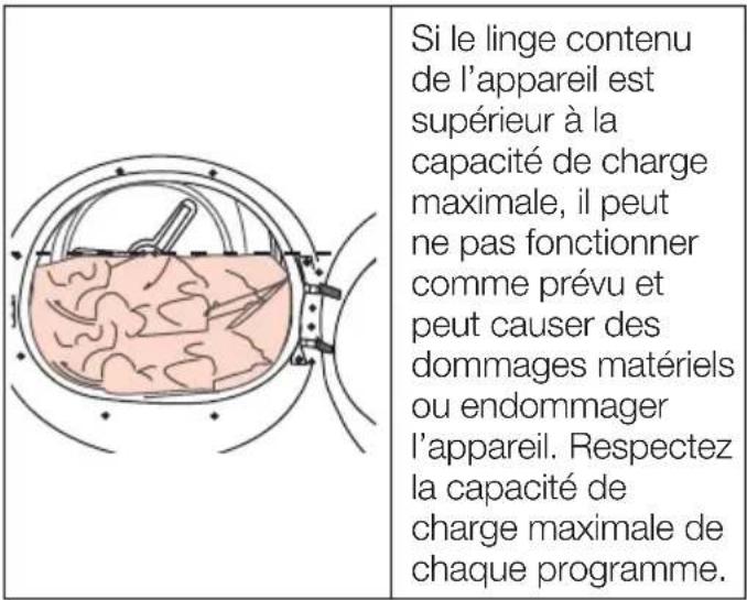 Si le linge contenu de l'appareil est supérieur à la capacité de charge maximale, il peut ne pas fonctionner comme prévu et peut causer des dommages matériels ou endommager l'appareil. Respectez la capacité de charge maximale de chaque programme.