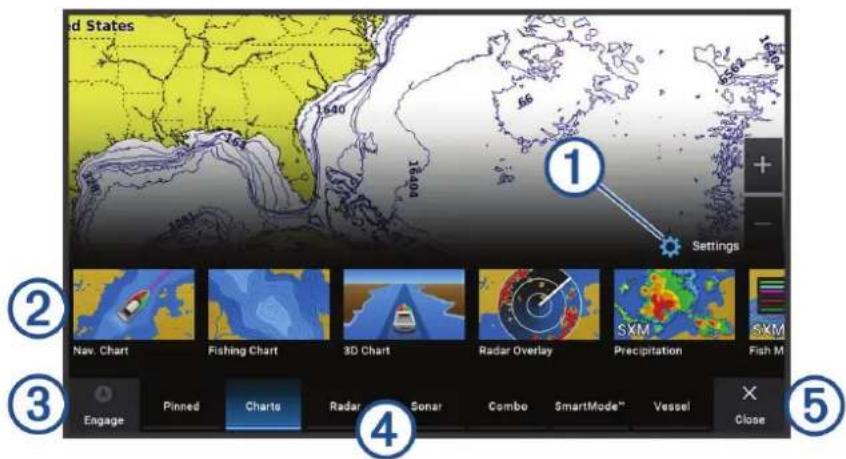 United States 1640 1840 Settings Nav. Chart Fishing Chart 3D Chart Radar Overlay SXM Precipitation Fish M Engage Pinned Charts Radar Sonar Combo SmartMode™ Vessel Close