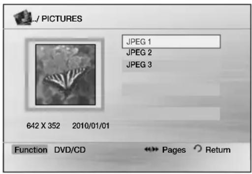 PICTURES JPEG 1 JPEG 2 JPEG 3 642 X 352 2010/01/01 Function DVD/CD Pages Return