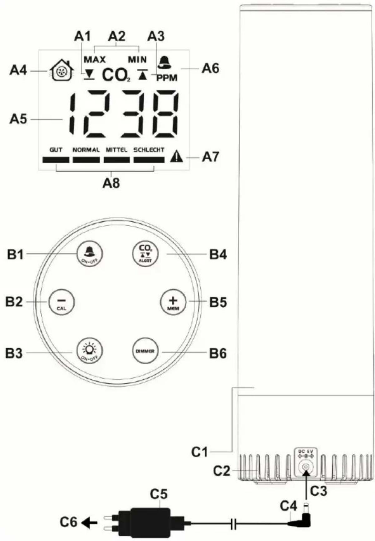Techno Line WL 1045 - Monitor de calidad del aire con CO₂ e iluminación ambiental - 1
