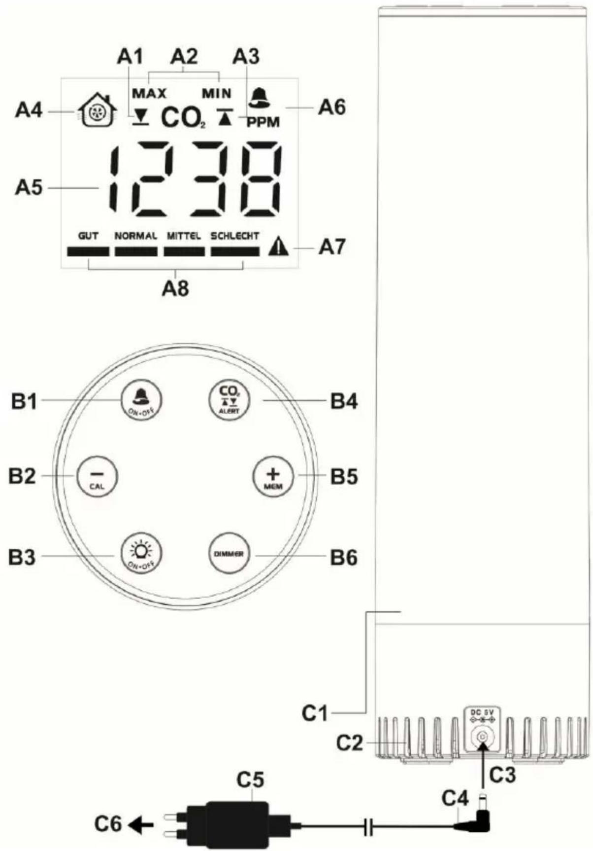 Techno Line WL 1045 - Dispositivo di monitoraggio della qualità dell'aria con sistema di rilevamento di CO₂ e illuminazione d'atmosfera - 1