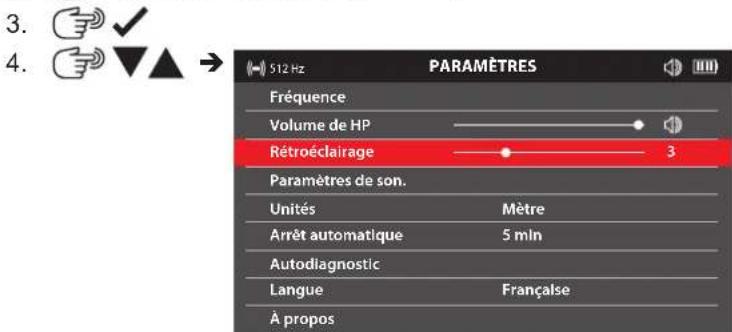 3. 4. 512 Hz PARAMÈTRES Fréquence Volume de HP Rétroéclairage 3 Paramètres de son. Unités Mètre Arrêt automatique 5 mln Autodiagnostic Langue Française À propos
