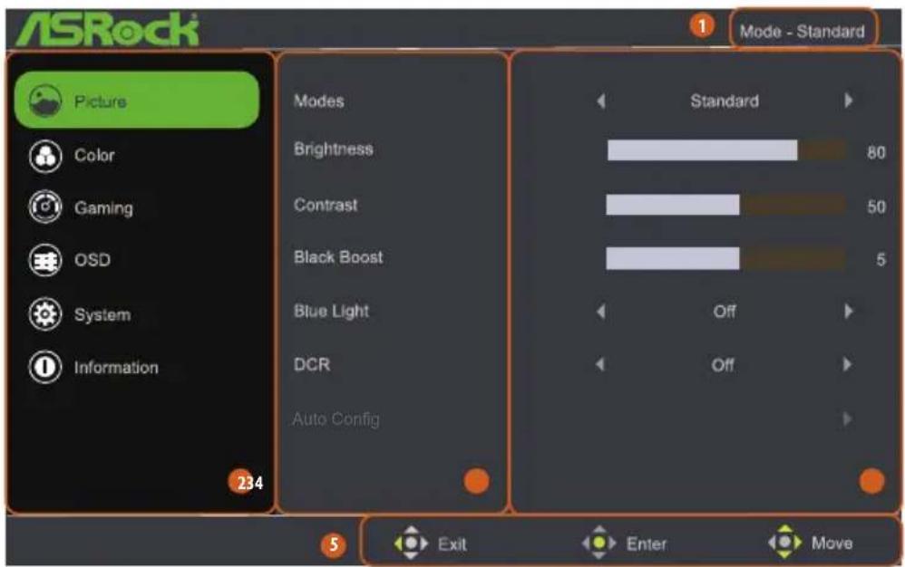 ASROCK CL27FFB - Acceder au menu OSD - 1