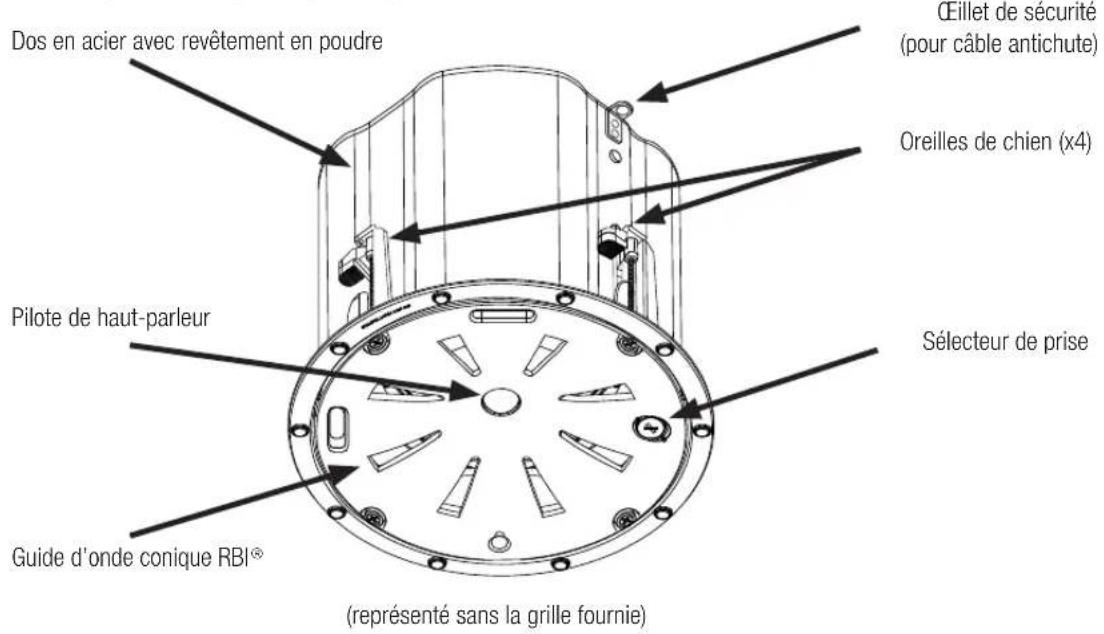Dos en acier avec revêtement en poudre Oéillet de sécurité (pour câble antichute) Oreilles de chien (x4) Pilote de haut-parleur Sélecteur de prise Guide d'onde conique RBI® (représenté sans la grille fournie)