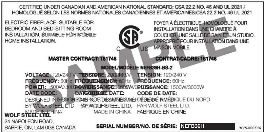 Napoleon Element NEFB36H-BS-2 - rating plate information - 1