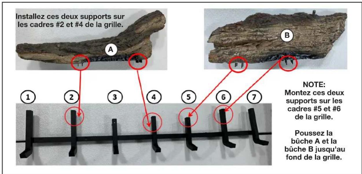 Installez ces deux supports sur les cadres #2 et #4 de la grille. A B ① ② ③ ④ ⑤ ⑥ ⑦ NOTE: Montez ces deux supports sur les cadres #5 et #6 de la grille. Poussez la bûche A et la bûche B jusqu'au fond de la grille.
