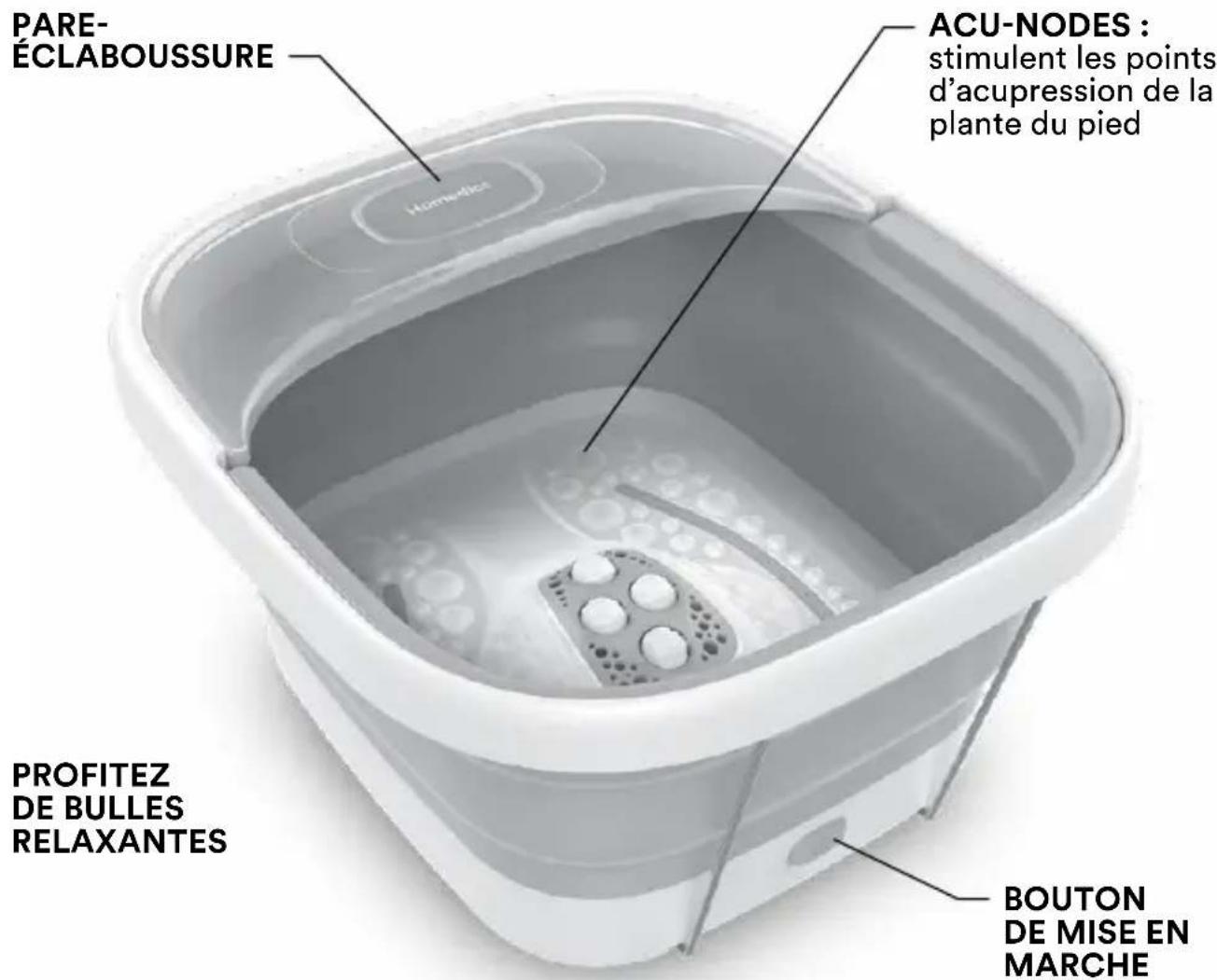 PARE- ÉCLABOUSSURE ACU-NODES : stimulent les points d'acupression de la plante du pied PROFITEZ DE BULLES RELAXANTES BOUTON DE MISE EN MARCHE