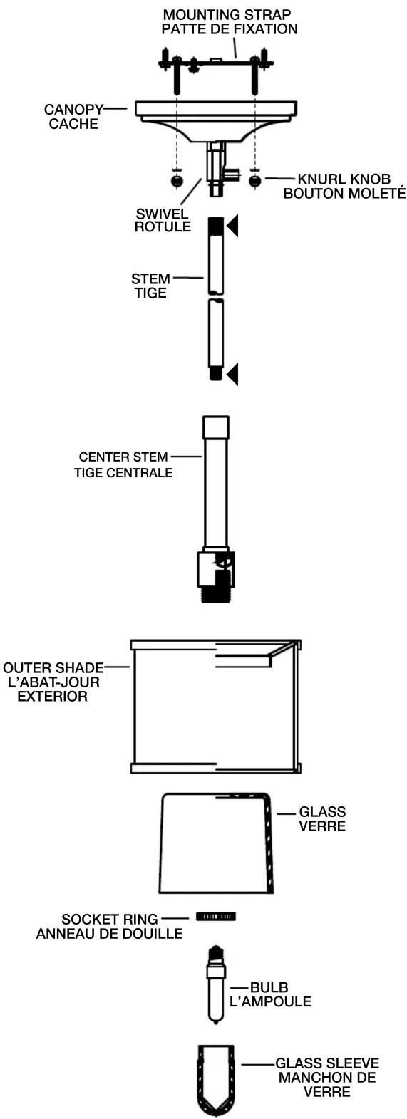 MOUNTING STRAP PATTE DE FIXATION CANOPY CACHE KNURL KNOB BOUTON MOLETÉ SWIVEL ROTULE STEM TIGE CENTER STEM TIGE CENTRALE OUTER SHADE— L'ABAT-JOUR EXTERIOR GLASS VERRE SOCKET RING— ANNEAU DE DOUILLE BULB L'AMPOULE GLASS SLEEVE MANCHON DE VERRE