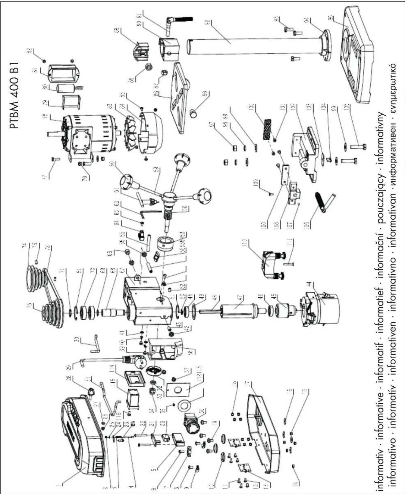 PARKSIDE PTBM 400 B1 - Explosionszeichnung • Exploded Drawing Vue éclatée • Explosietekening Rozvinuté náčrtky • Rysunek samorozwijający Nákresy explózií • Eksplosionstegning Plano de explosión • Disegno esploso Robbantott ábra • Eksplozijska risba Eksplozivni crtež • Schemă de explozie - 1