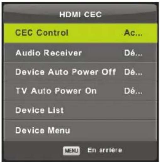 HDMI CEC CEC Control Ac... Audio Receiver Dé... Device Auto Power Off Dé... TV Auto Power On Dé... Device List Device Menu MENU En arrêté