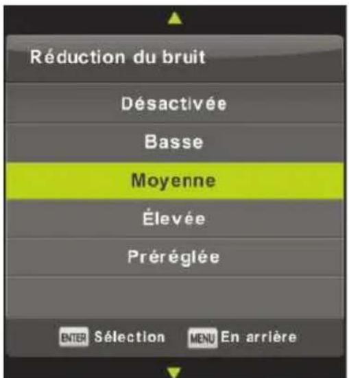 Réduction du bruit Désactivée Basse Moyenne Élevée Préréglée ENTER Sélection MENU En arrêté