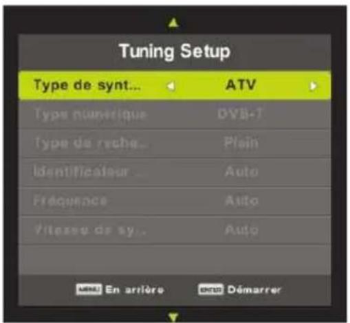 Tuning Setup Type de synt... ATV Type numérique DVB+1 Type de reche... Plein Identifiéour... Auto Frequency Auto Vitesse de sy... Auto UNITS En arrêtéo OKD Démarrer