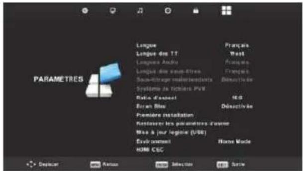 PARAMETRES Langue Langue des TT Langue Audio Langue des sous-àfres Sous-titrage malérentsants Système de rictiers PVM Ratio d'aspect Bourin Bits Première installation Restaurer les parameteres d'une Mise à jour logique (USB) Évironnement HOME CSC Français West Français Déactivée 16:00 Déactivée Home Mode Dépréciant Action Dépréciant Sortie