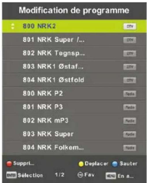 Modification de programme 800 NRK2 801 NRK Super /... 802 NRK Tegnsp... 803 NRK1 ∅staf... 804 NRK1 ∅stfold 800 NRK P2 801 NRK P3 802 NRK mP3 803 NRK Super 804 NRK Folkem... Suppl... Deplacer Sauter EmR Selection 1/2 Fav MENU En a...