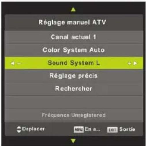 Réglage manuel ATV Canal actuel 1 Color System Auto Sound System L Réglage précis Rechercher Fréquence Unregistered Déplacer NEW En a... EXT Sortie