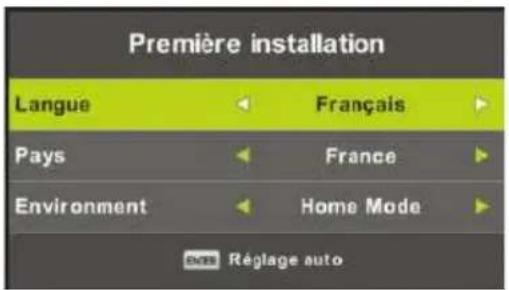 Première installation Langue Français Pays France Environment Home Mode Réglage auto