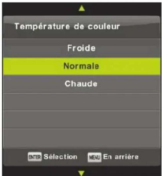 Température de couleur Froide Normale Chaude ENTER Sélection MENU En arrière