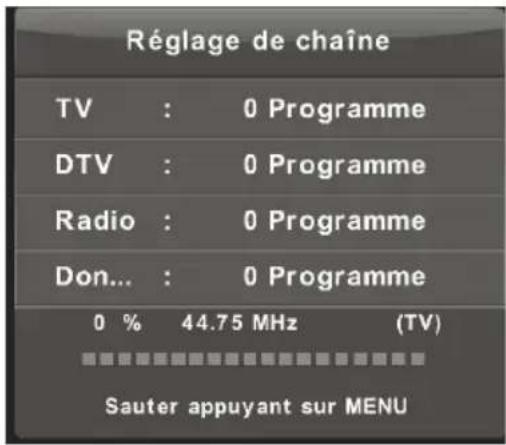 Réglage de chaîne TV : 0 Programme DTV : 0 Programme Radio : 0 Programme Don... : 0 Programme 0 % 44.75 MHz (TV) Sauter appuyant sur MENU