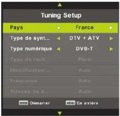 Tuning Setup Pays France Type de synt... DTV + ATV Type numérique DVB-T Type de rech... Plein Identificateur... Auto Fréquence Auto Vitesse de κ... Auto EMER Démarrer MENU En arrière