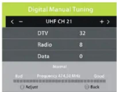 Digital Manual Tuning < - UHF CH 21 + > DTV 32 Radio 8 Data 0 Normal Bad Frequency 474.50 MHz Good Adjust Back