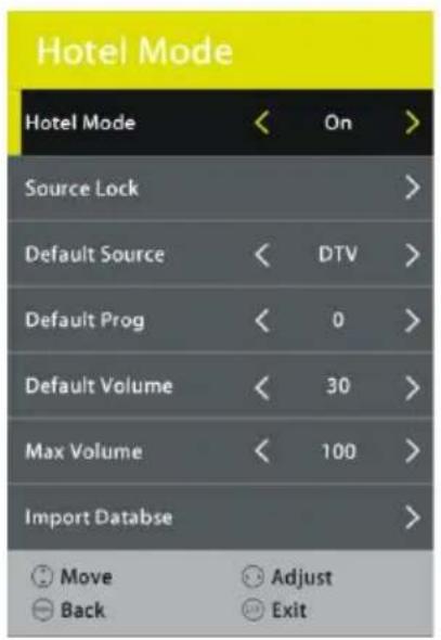 Hotel Mode Hotel Mode < On > Source Lock > Default Source < DTV > Default Prog < 0 > Default Volume < 30 > Max Volume < 100 > Import Database > Move Adjust Back Exit