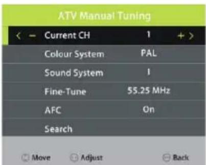 ATV Manual Tuning < — Current CH 1 + > Colour System PAL Sound System 1 Fine-Tune 55.25 MHz AFC On Search Move Adjust Back