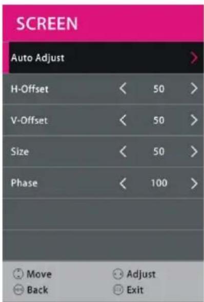 SCREEN Auto Adjust > H-Offset < 50 > V-Offset < 50 > Size < 50 > Phase < 100 > Move Adjust Back Exit