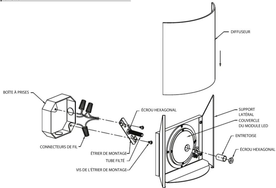 DIFFUSEUR BOÎTE À PRISES CONNECTEURS DE FIL ÉTRIER DE MONTAGE TUBE FILTÉ VIS DE L'ÉTRIER DE MONTAGE ÉCROU HEXAGONAL SUPPORT LATÉRAL COUVERCLE DU MODULE LED ENTRETOISE ÉCROU HEXAGONAL