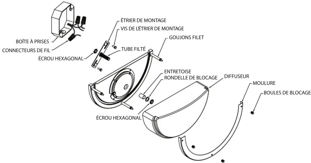BOÎTE À PRISES CONNECTEURS DE FIL ÉCROU HEXAGONAL ÉTRIER DE MONTAGE VIS DE L'ÉTRIER DE MONTAGE TUBE FILTÉ GOUJONS FILET ENTRETOISE RONDELLE DE BLOCAGE DIFFUSEUR MOULURE BOULES DE BLOCAGE ÉCROU HEXAGONAL
