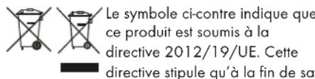 Le symbole ci-contre indique que ce produit est soumis à la directive 2012/19/UE. Cette directive stipule qu'à la fin de sa