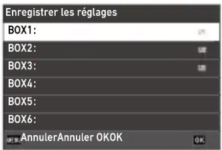 Enregistrer les réglages BOX1: BOX2: BOX3: BOX4: BOX5: BOX6: AnnulerAnnuler OKOK
