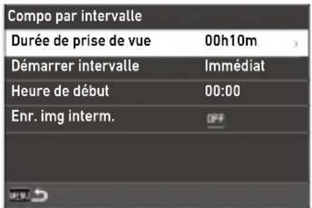 Compo par intervalle Durée de prise de vue 00h10m Démarrer intervalle Immédiat Heure de début 00:00 Enr. img interm.