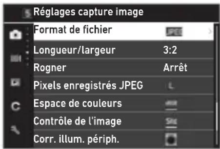 Réglages capture image Format de fichier Longueur/largeur 3:2 Rogner Arrêt Pixels enregistrés JPEG Espace de couleurs Contrôle de l'image Corr. illum. périph.