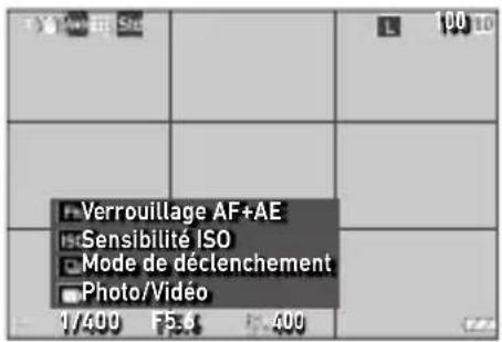 Verrouillage AF+AE Sensibilité ISO Mode de déclenchement Photo/Video 1/400 F5.8 400
