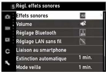 Régl. effets sonores Effets sonores Volume Réglage Bluetooth Réglage LAN sans fil Liaison au smartphone Extinction automatique 1 min. Mode veille 1 min.