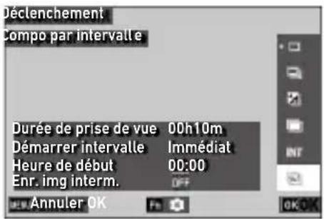 Déclenchement Compo par intervalle Durée de prise de vue 00h10m Démarrer intervalle Immédiat Heure de début 00:00 Enr. img interm. OFF Annuler OK