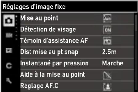 Réglages d'image fixe Mise au point Détection de visage Témoin d'assistance AF Dist mise au pt snap 2.5m Instantané par pression Marche Aide à la mise au point Réglage AF.C