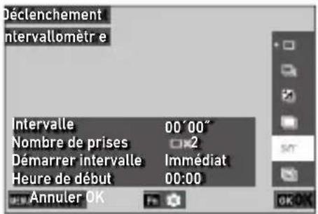 Déclenchement Intervallomètr e Intervalle 00'00" Nombre de prises 2 Démarrer intervalle Immédiat Heure de début 00:00 Annuler OK