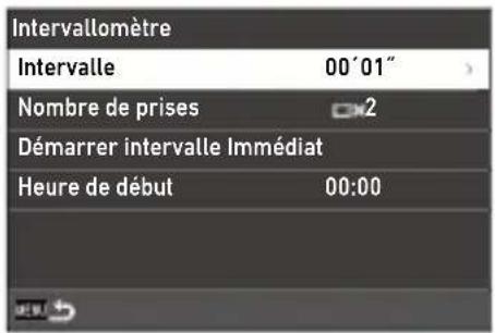 Intervallomètre Intervalle 00'01" Nombre de prises 2 Démarrer intervalle Immédiat Heure de début 00:00