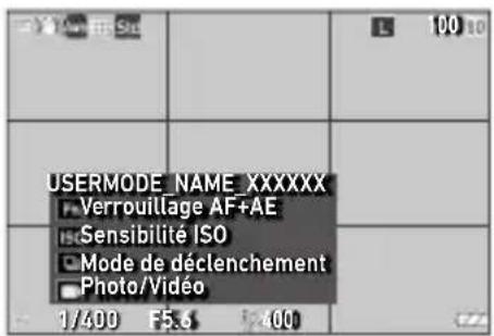 USERMODE_NAME_XXXXXX Verrouillage AF+AE Sensibilité ISO Mode de déclenchement Photo/Video 1/400 F5.6 1:400